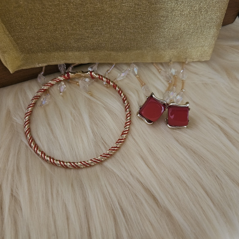 Coro Thermoset Clip On Earrings Red Moonglow Lucite Vintage and Bangle Bracelet